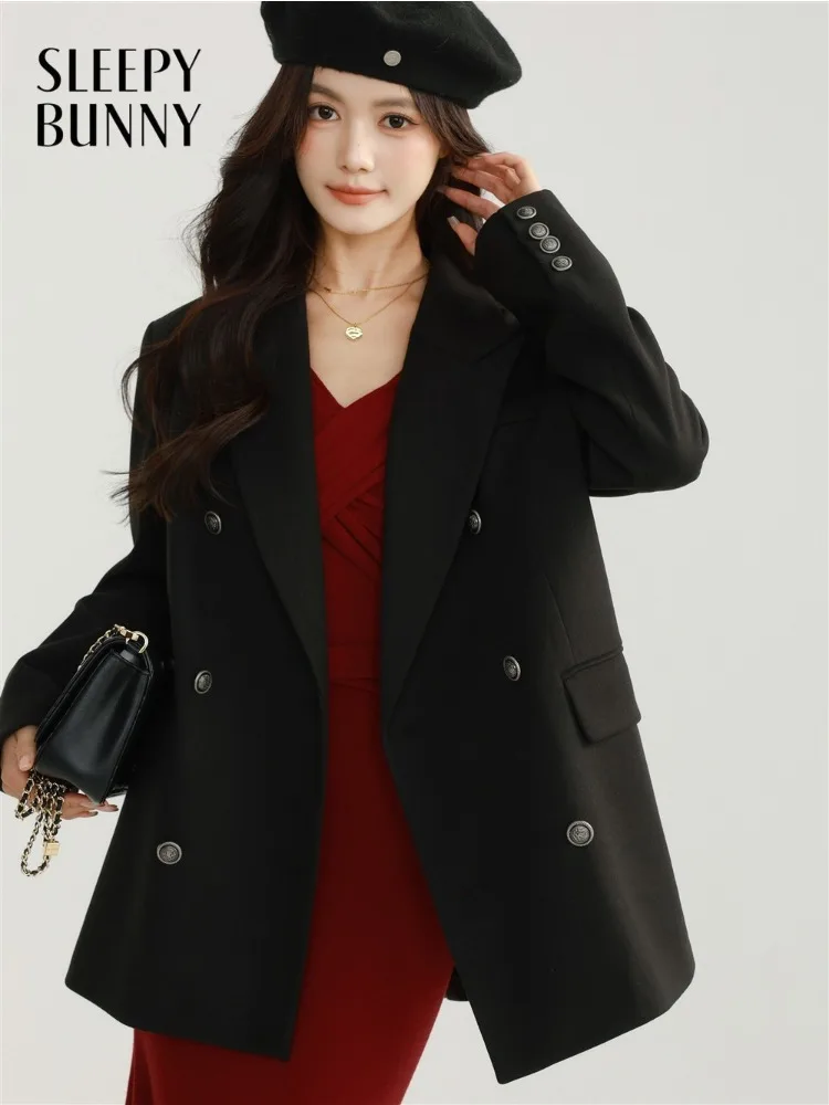 Double-Breasted Blazer Women Lady Elegant Wool-Like Jacket Chic Notched-Lapel Casual Outerwear High-Quality Daily Fashion Looks