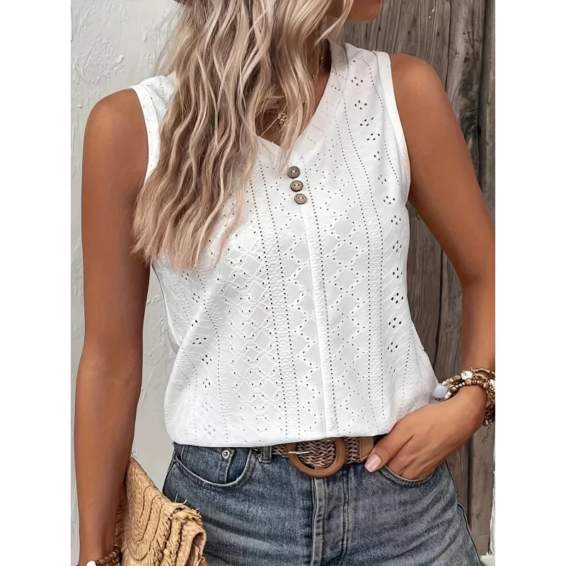 Eyelet Embroidered Top, Casual Button Decor Sleeveless Top Spring & Summer, Women's Clothing