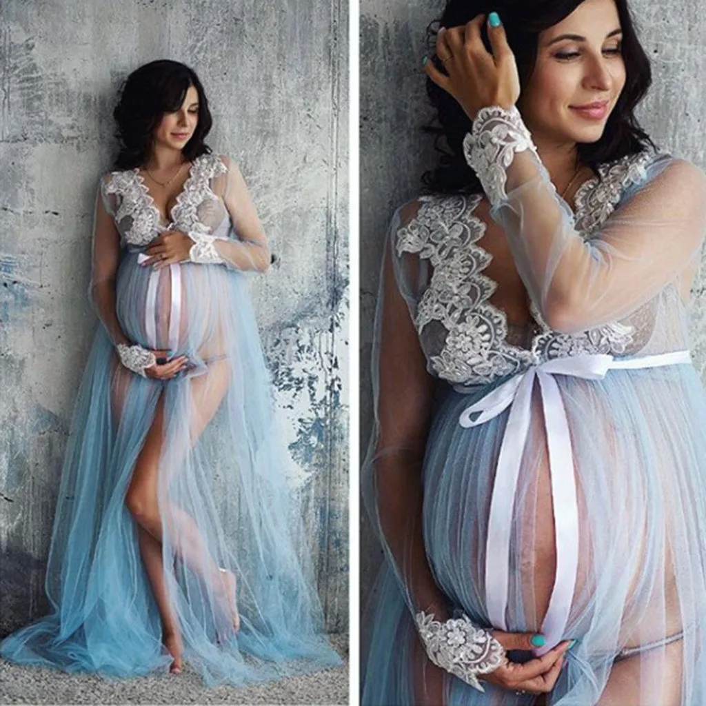 Maternity Dresses For Photo Shoot One-piece Mopping Dress For Pregnant Front Split Lace Pregnancy Photography Clothes Net Yarn