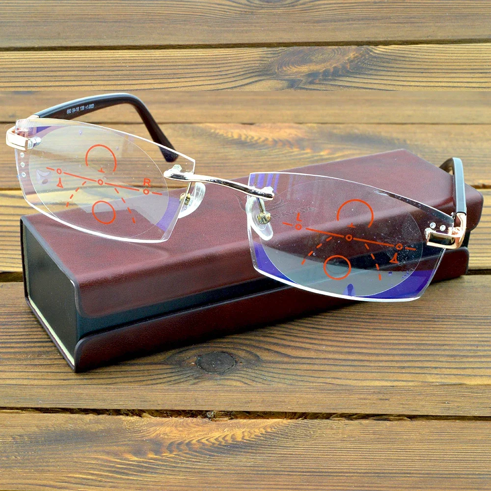 

Luxury Titanium Alloy Rimless Spectacles 12-layer Coating Cutted Progressive Multifocal Lens Reading Glasses +0.75 to +4