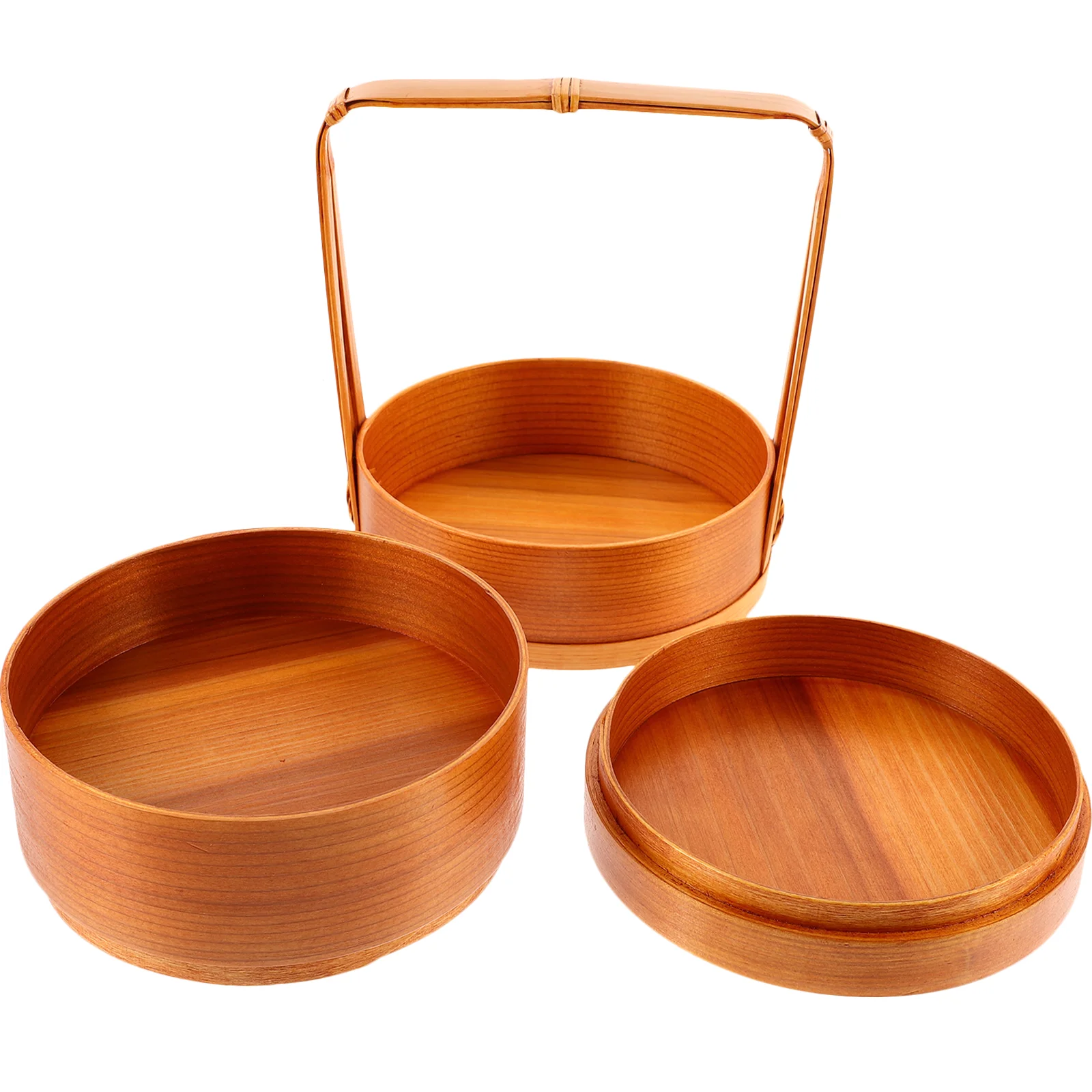 Wooden Double Layer Round Lunch Sushi Box Japanese Style Portable Picnic Lunchbox For Picnic Tableware