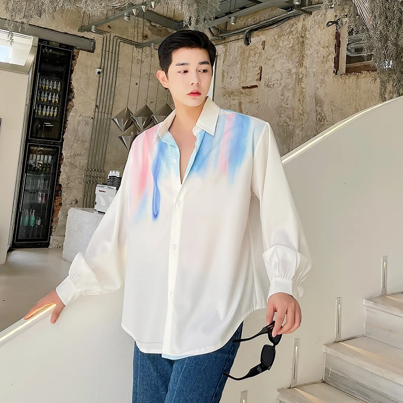 Tie Dye Ink Men Summer Blouse Y2K Chic Male Party Casual Club Shirts Oversize Ins Korean Handsome Styles Tops Smart Casual Shirt