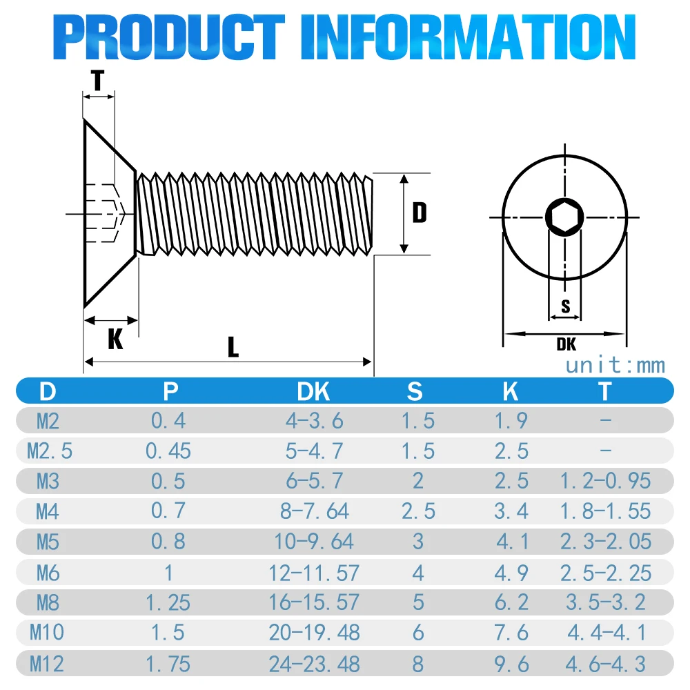 M2 M2.5 M3 M4 M5 M6 M8 A2 Round Stainless Steel or Flat Countersunk Head Screws DIN7991 Allen Hex Socket Screw ISO7380 5-55pcs