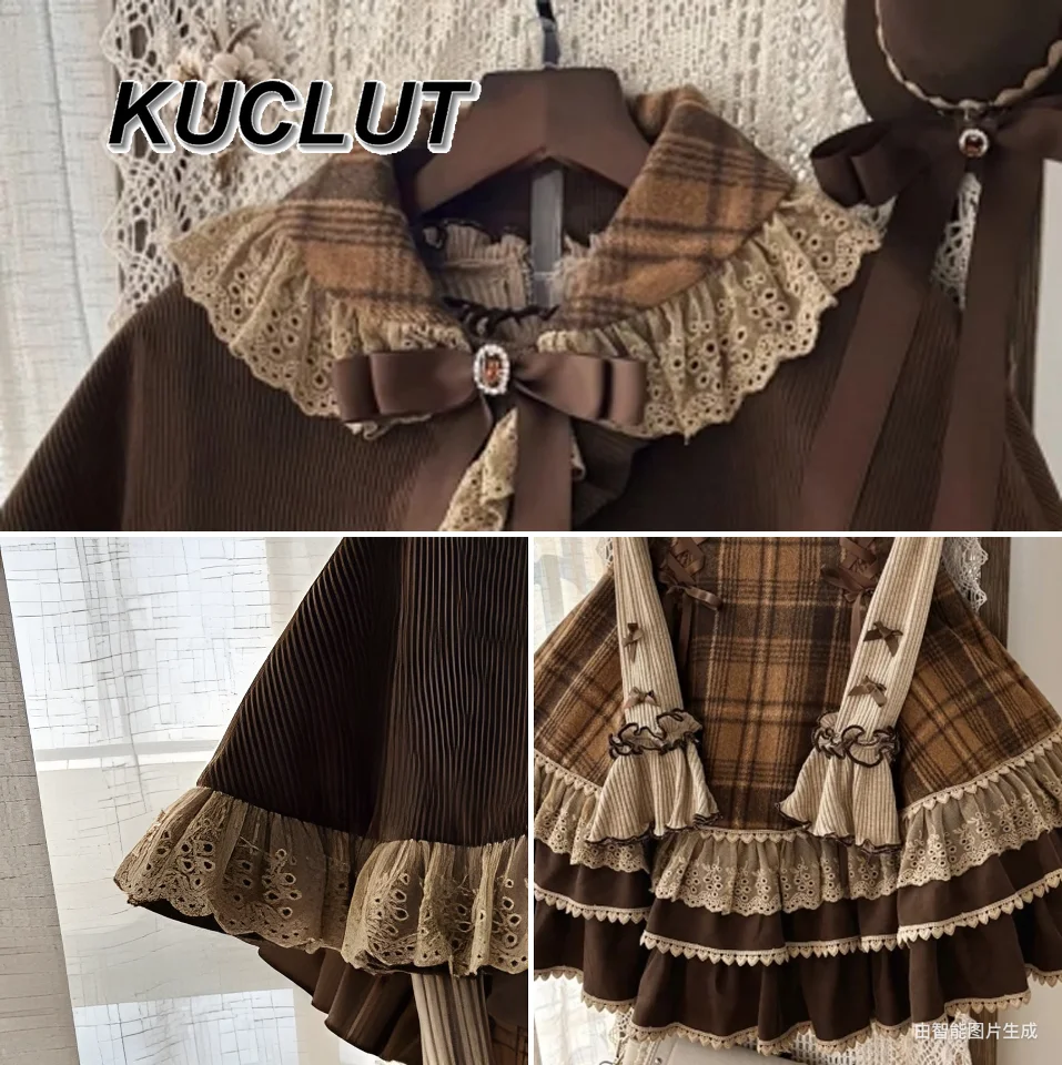Dames 2-delige sets herfst winter lief meisje lolita stijl basisshirt vintage geruite band jurk cape jas set voor meisje