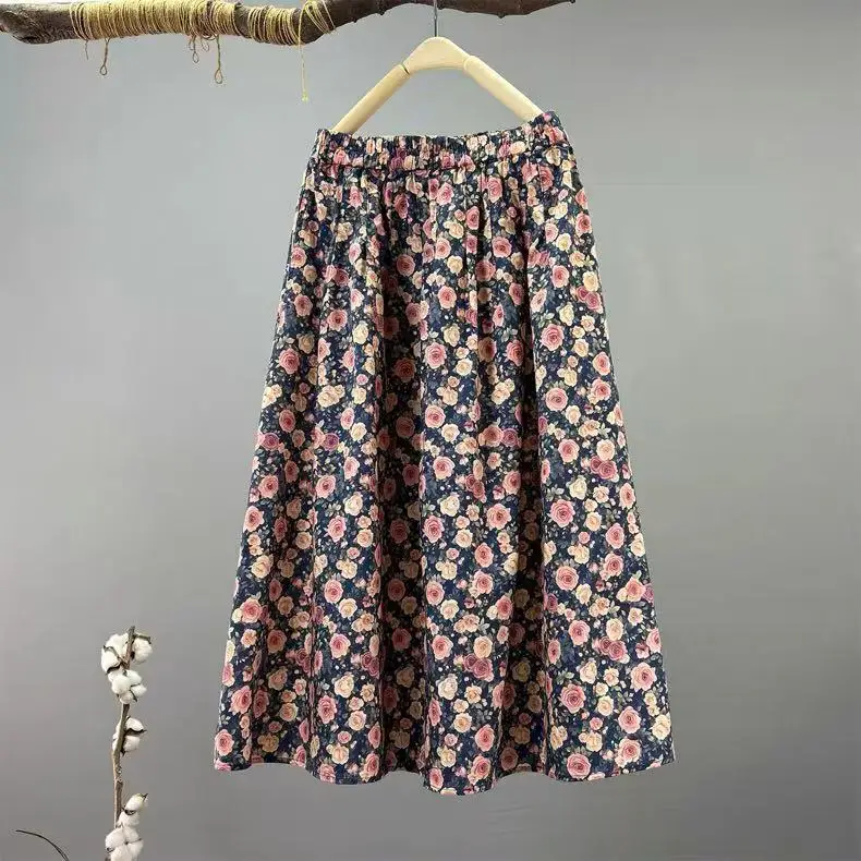 

Длинные юбки в японском стиле из чистого хлопка с эластичным поясом и цветочным принтом для женщин, весна-осень, винтажные ретро-миди-юбки 2026 года