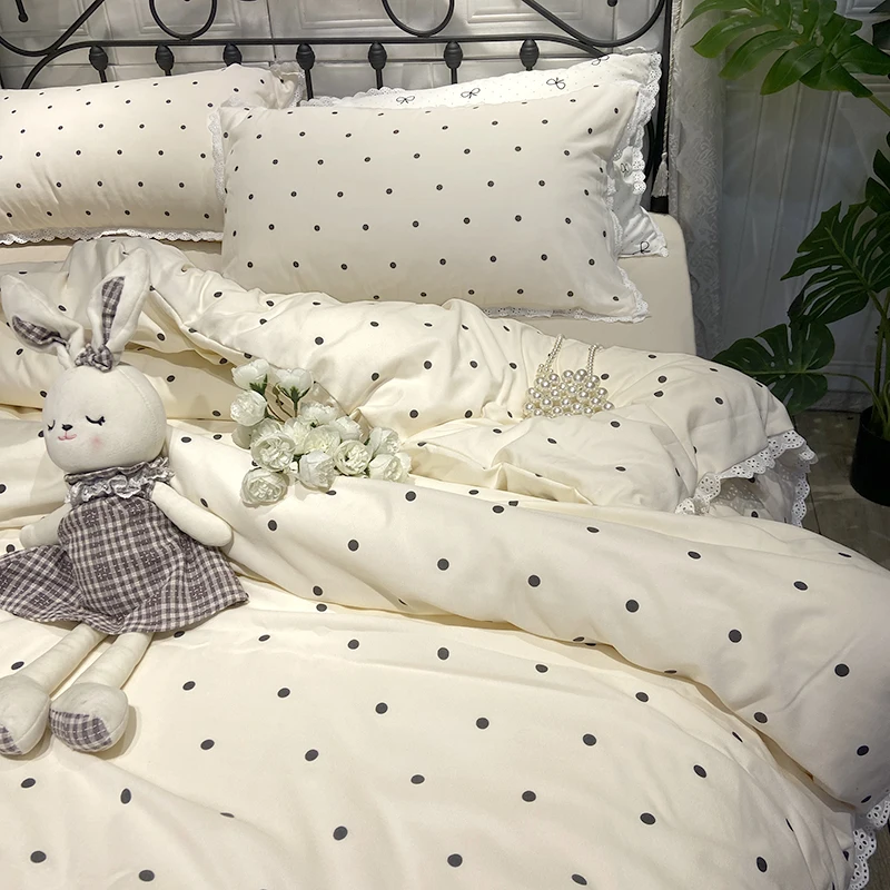 

Ins Polka Dots Bedding Set Simple Print Duvet Cover Set With Pillowcases Flat Fitted Sheet Washed Cotton Skin Friendly For Adult