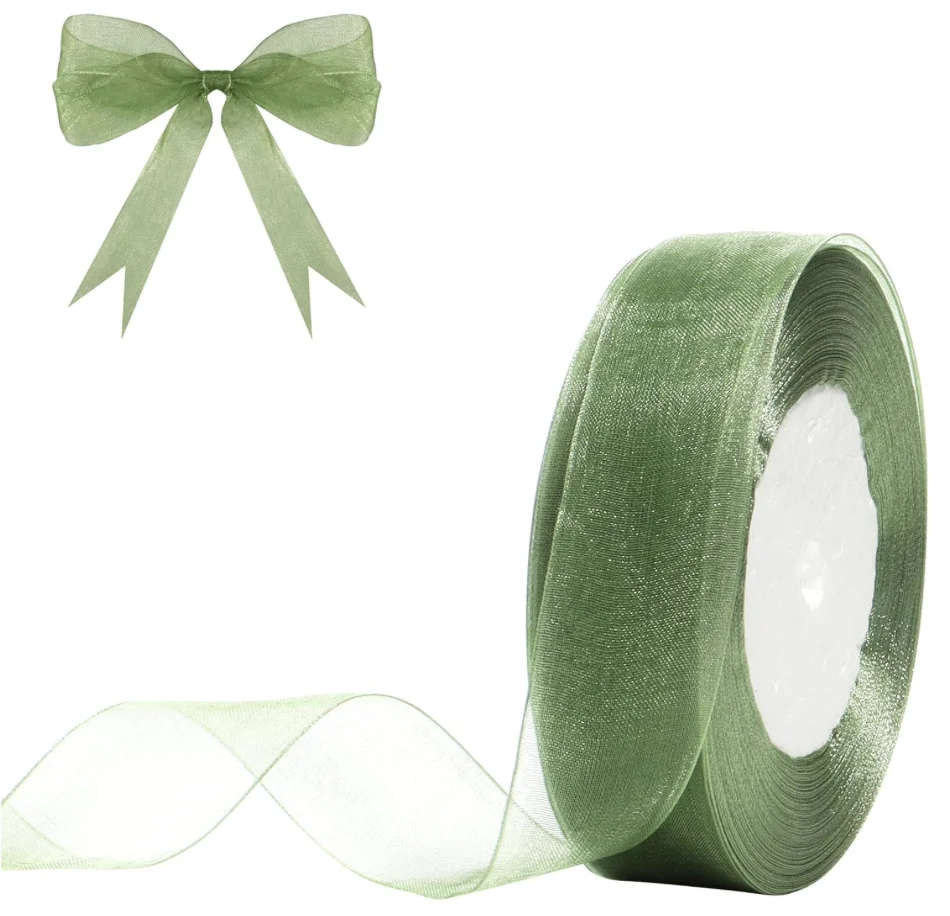 Cinta de Organza transparente de 1 pulgada, 50 yardas, cinta de gasa verde salvia para envolver regalos, decoración navideña y de Halloween, Bou de flores para boda