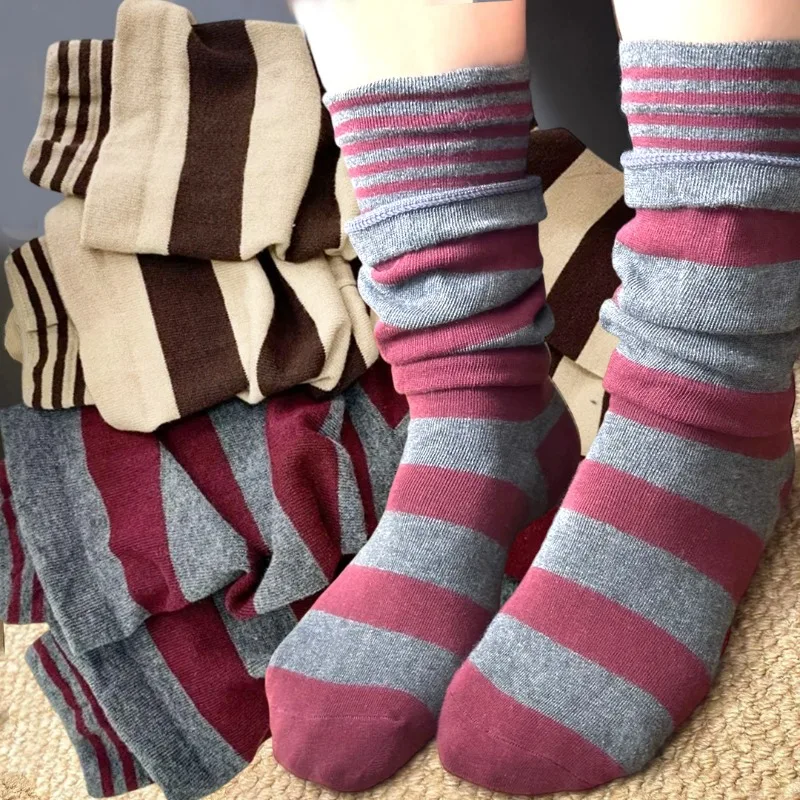 

Двухслойные полосатые гетры в стиле Лолиты, женские лоскутные цветные длинные чулки-трубы, зимние теплые чулки до икры