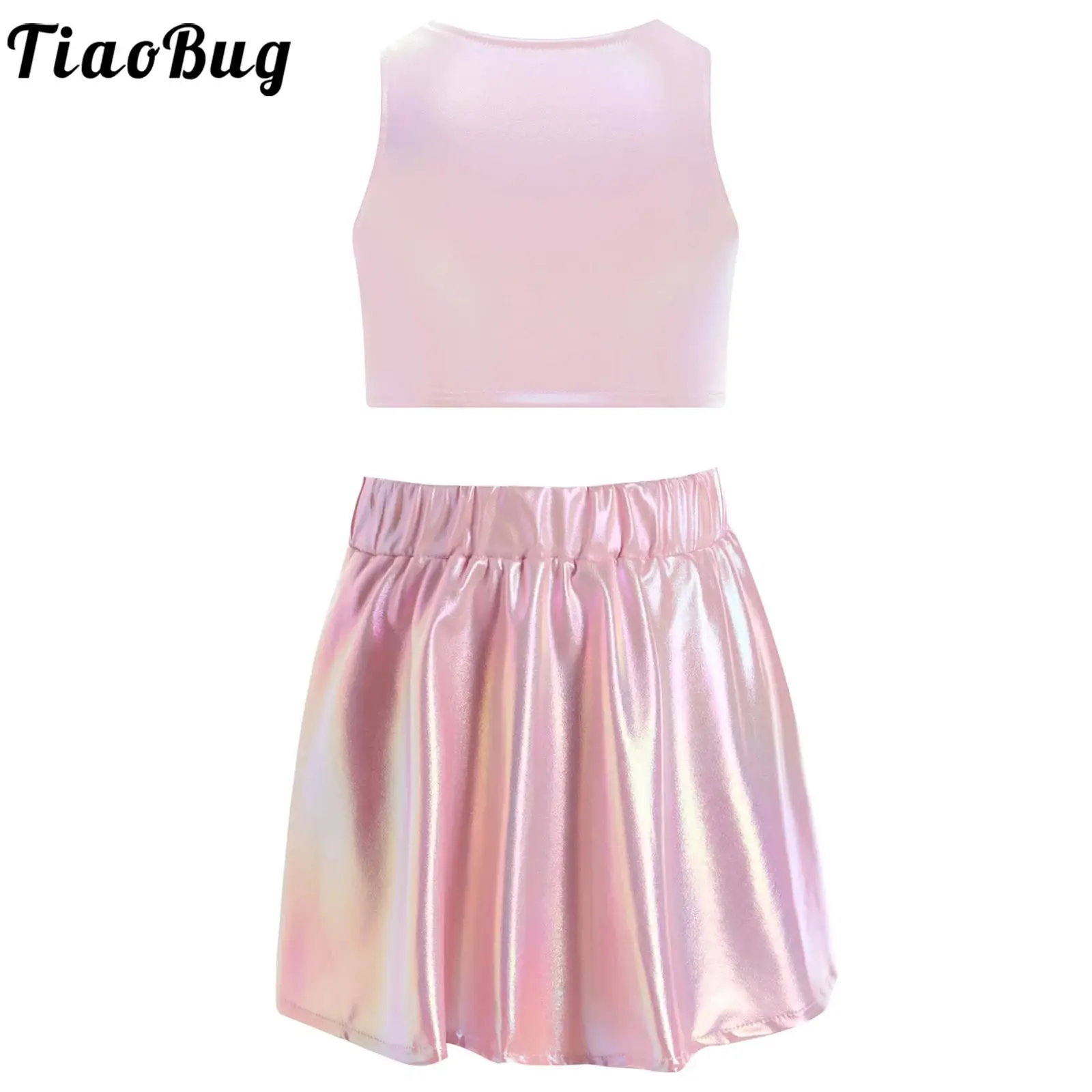 Kids Girls Cyberpunk Costume Vaporwave Style Sleeveless Laser-Gradient Vest Tank Top with Holographic Foil Mini Skirt 2PCS Set