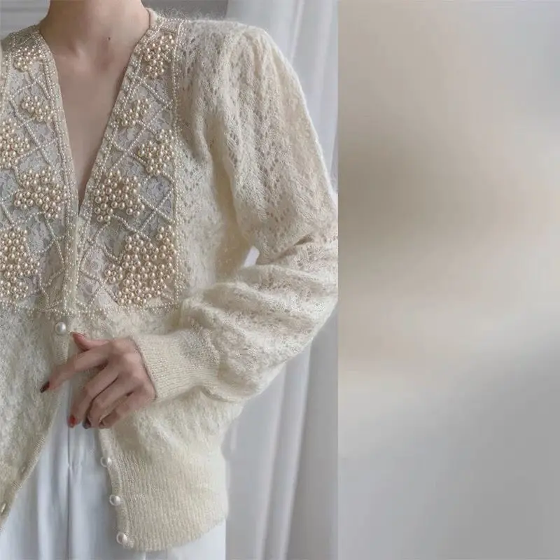 

Pearl Inlaid Cardigan Sweater Coat 2025 Spring and Autumn Temperament Hollow Loose Women's Coat