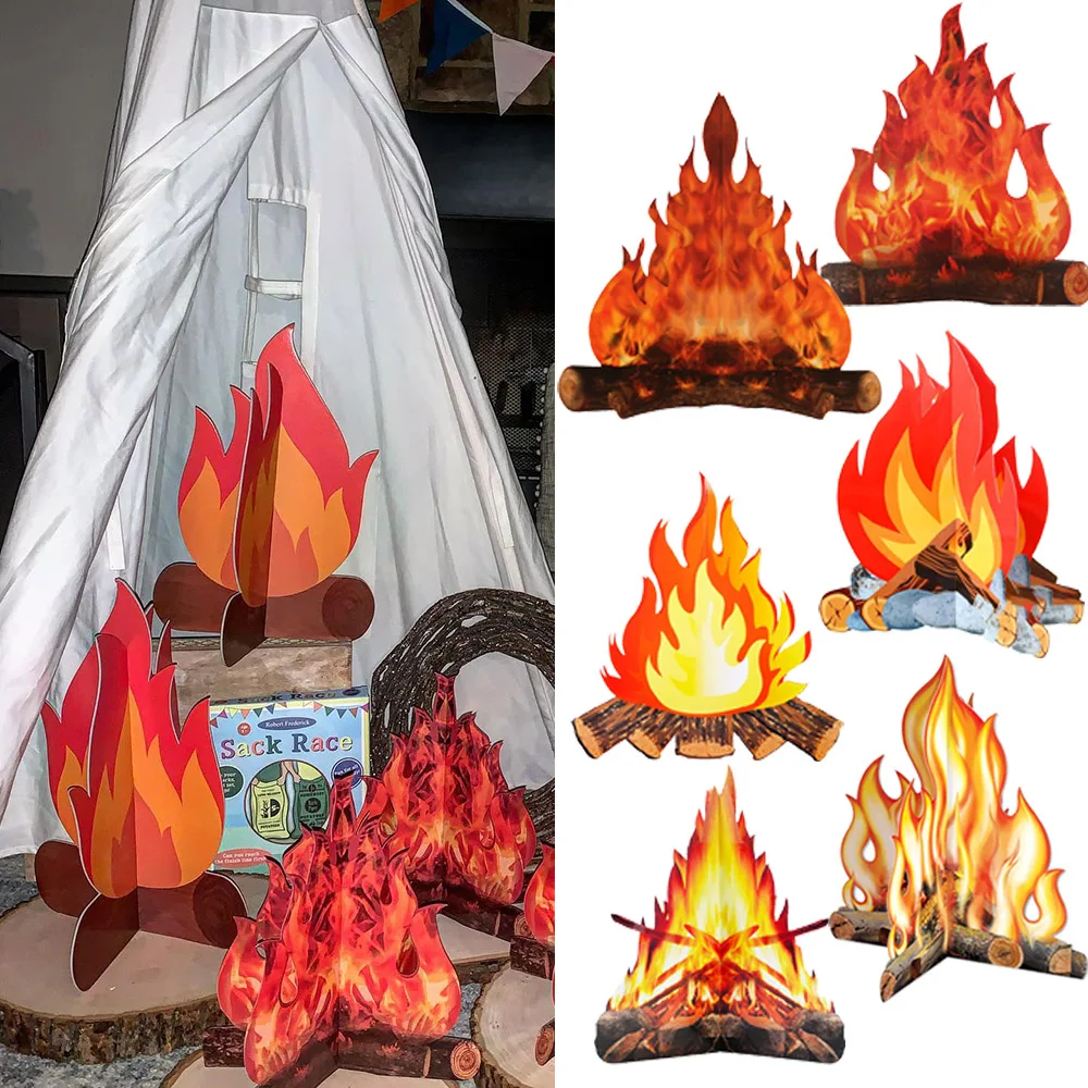 3D Cardboard Campfire Centerpiece Artificial Fire Fake Flame Torch Camping Party Decorations