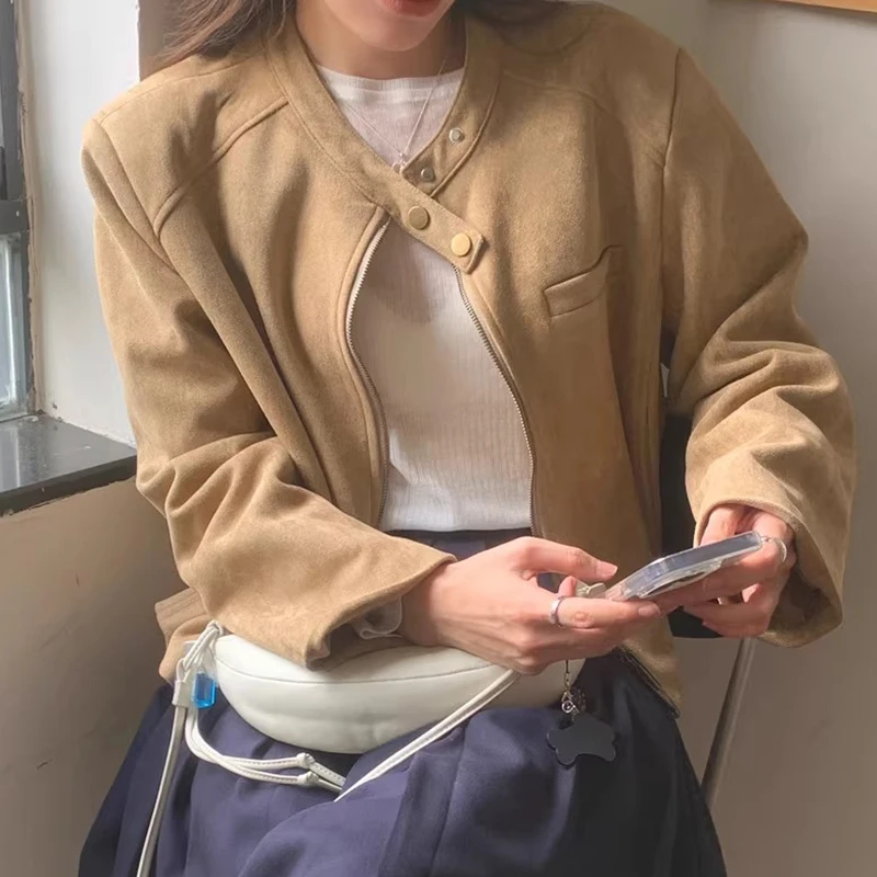 أنيقة الأمريكية الرجعية الوقوف طوق فو الجلد المدبوغ طويلة Sve فضفاضة المرأة السائق Jaet معطف تخفيف Sle طول منتظم سستة