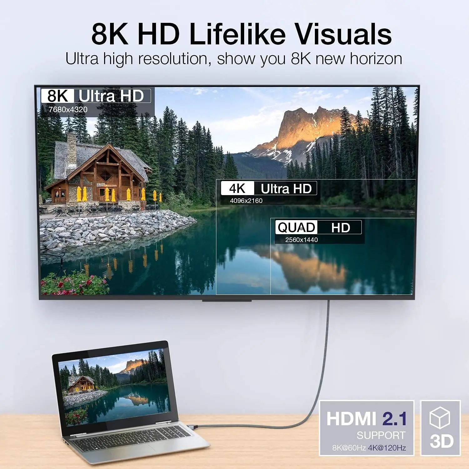 Cabo HDMI 2.1 para Projetor PC, Ultra Alta Velocidade, HDR Dinâmico, PS5, Xbox, 48Gbps, 8K @ 60Hz, 4K @ 120Hz