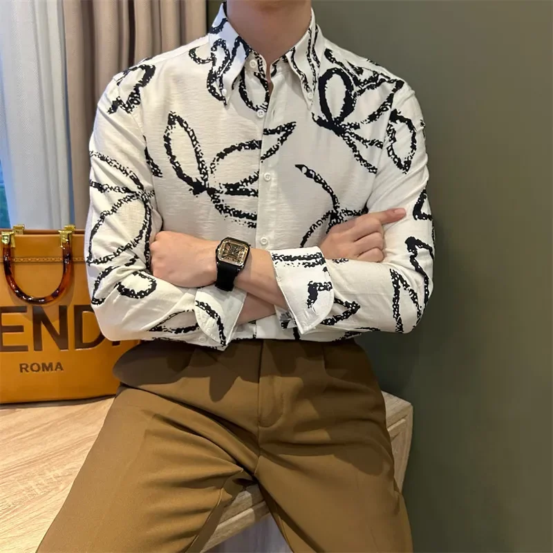 Trendy and Versatile Long-sleeved Printed Thin Shirt New Casual Fashion Men's