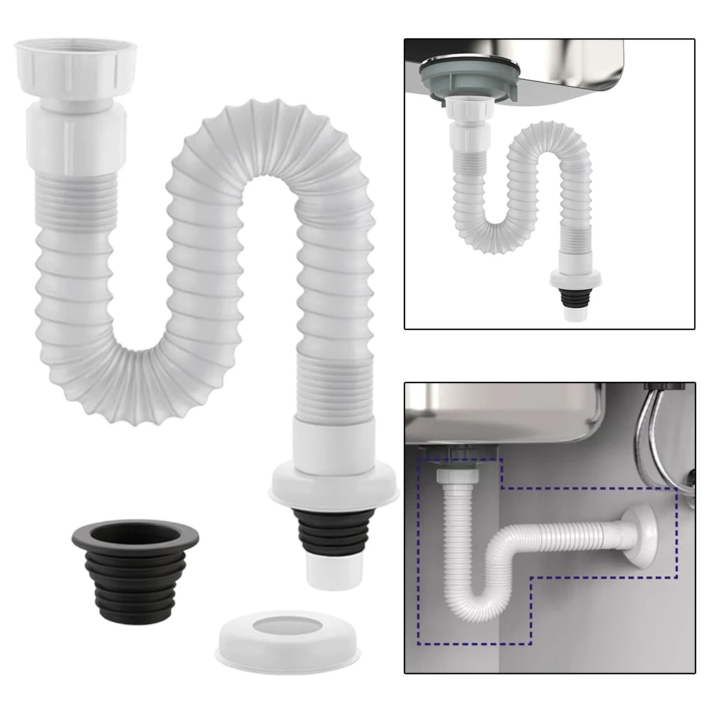 Extendable Sink Siphon Sink Drain Pipe Flexible 0.32 To 0.8 M With Fittings 41 Mm 32 Mm Decorative Lid And Waterproof Seal
