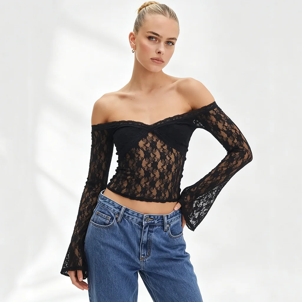 Women's Floral Lace Tailored Top, Semi-Transparent Long-Sleeved Off-the-Shoulder Shirt, Casual Fashion Street Wear