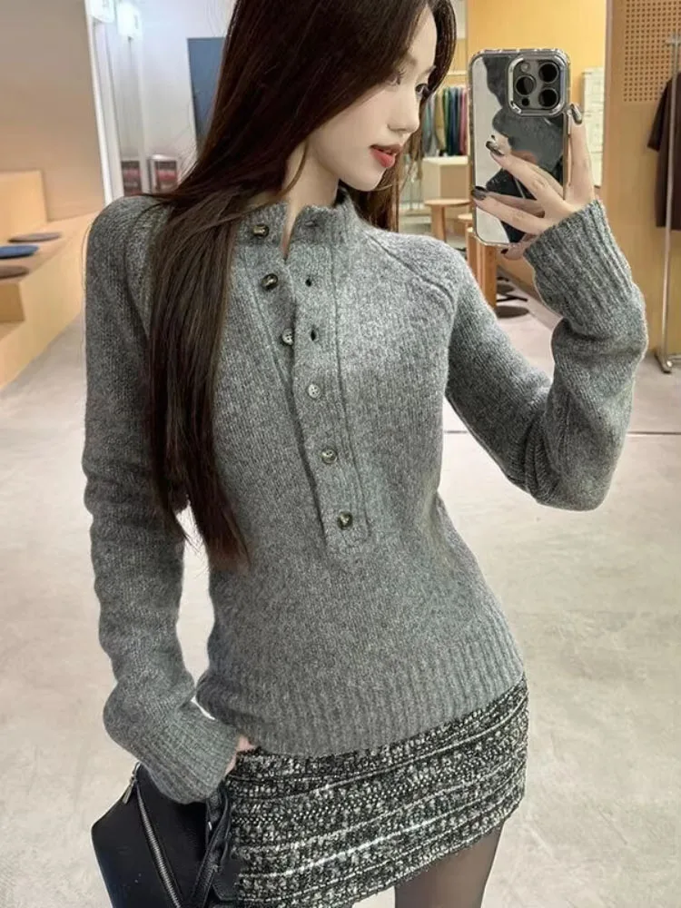 Y2k Harajuku Vintage Pullovers Long Sleeve Stand Neck Solid Color Sweaters Female Slim Knit Tops Autumn Winter Women's Clothing