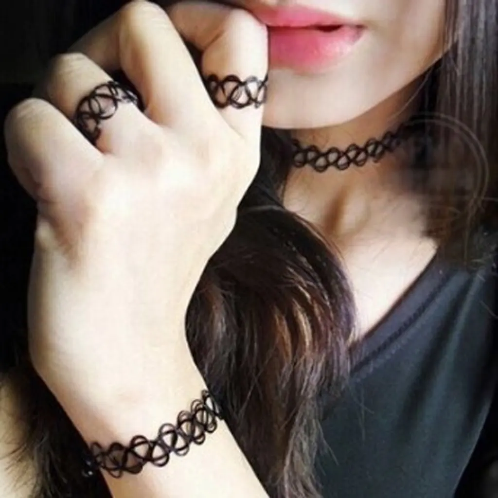 Vintage Boho Tattoo Choker Elastic Stretch Necklace Ring Bracelet Set Retro Henna