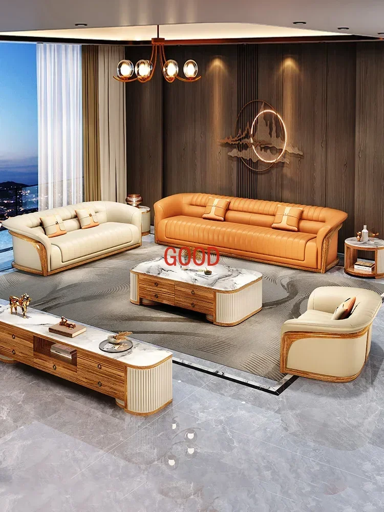 Italian Light Luxury Ugyen Wood Post-Modern Top Layer Leather Sofa