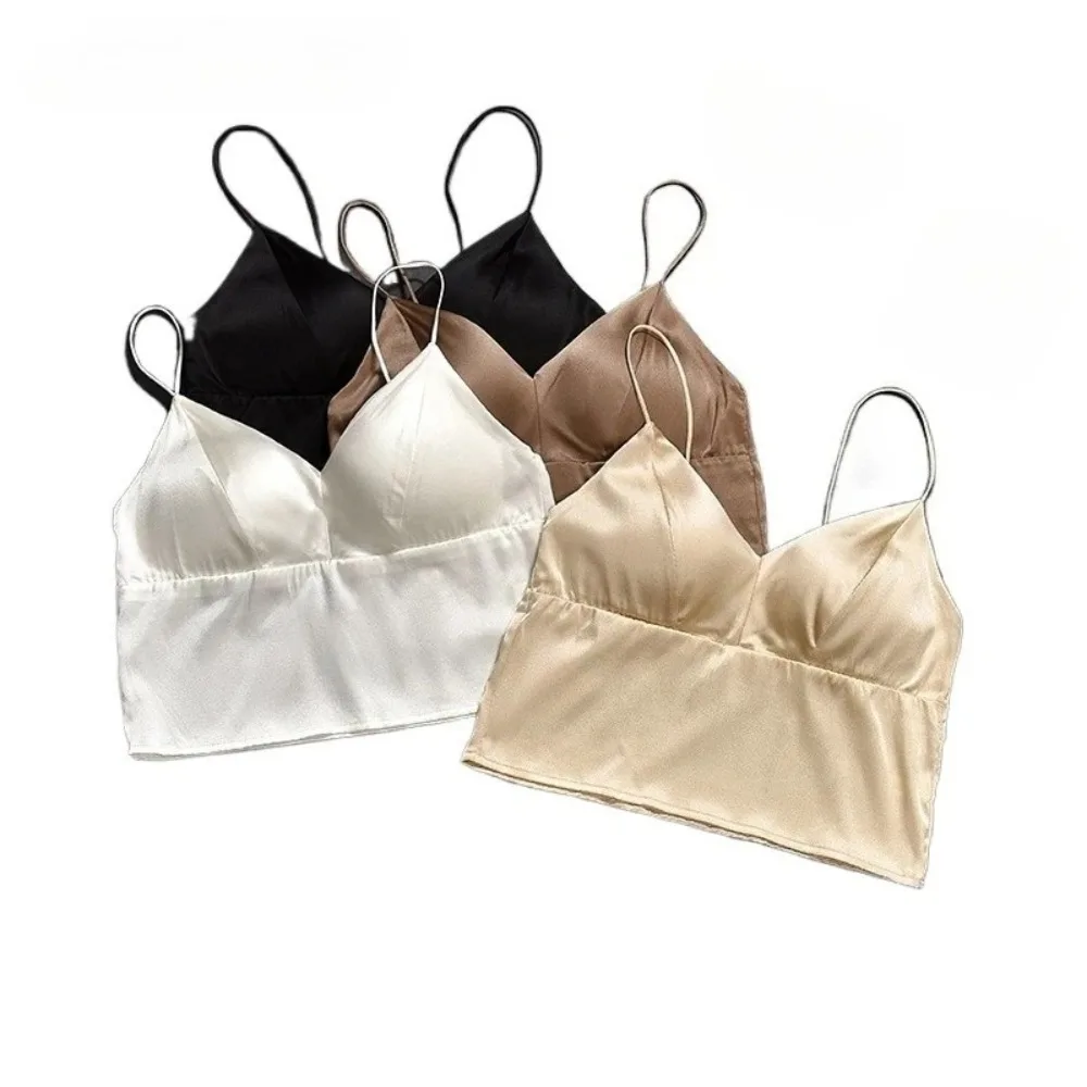 Abbigliamento sexy casual da donna Canotta in raso di seta di gelso naturale con top senza spalline Cuscino per il petto Reggiseno a 3/4 tazze Gilet interno