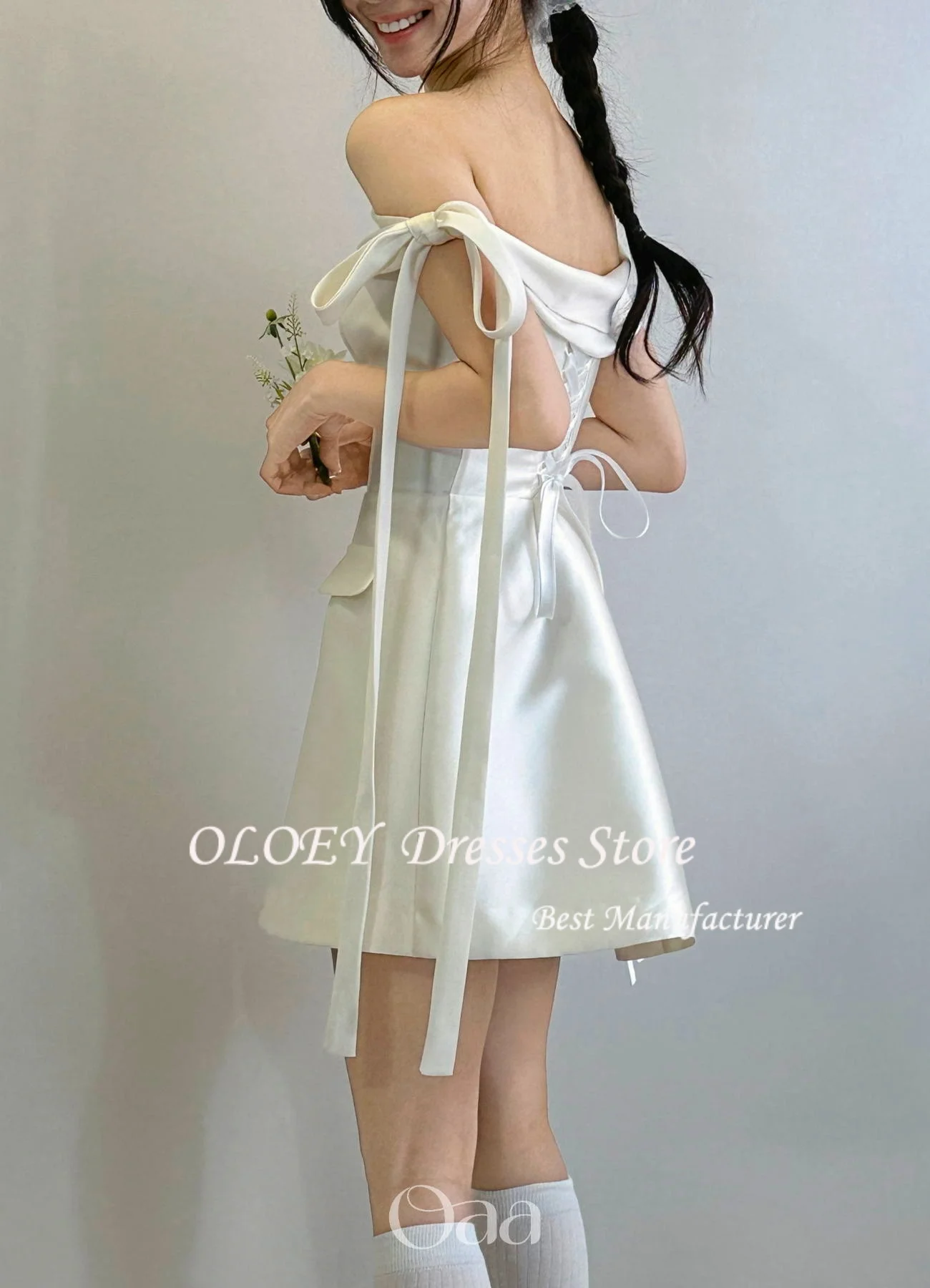 فساتين زفاف كورية صغيرة من OLOEY بجيوب قلابة قبالة الكتف من الساتان مشد فساتين الزفاف المفاجئة فساتين الاستقبال فستان الحفلات #3