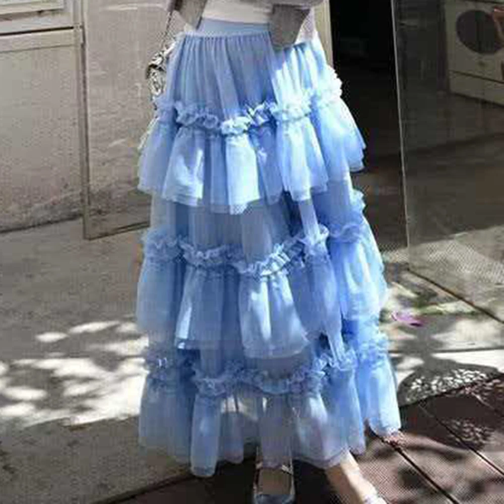 Korean heavy industry mesh layered cake skirt women's 2026 autumn new pleated light skirt  korean fashion clothing
