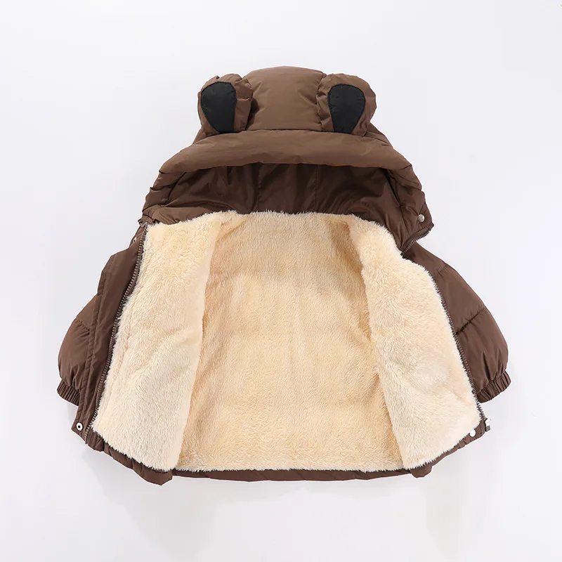 Autumn Winter New Boys Girls Jacket Solid Color Lining Plush Thick Warm Hooded Zipper Coat For 2-8 Years Kids Cotton Outerwear