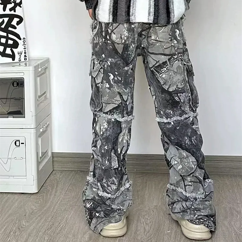 Kanye Y2K Streetwear Baggy pour hommes et femmes, jean évasé empilé, pantalon cargo, vêtements gris, jambe large, long fjRopa zones bre, 2023