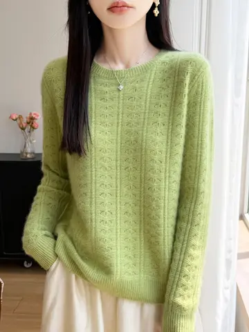 Female 100% Merino Wool  Autumn Winter Sweater Mock-Neck Pullover Cashmere Knitwear Hollow Out Textured Jacquard  Warm Clothing