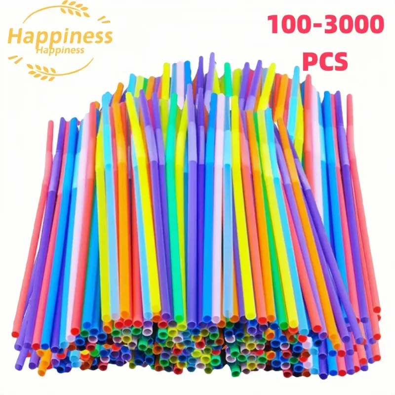 100-3000PCS Colorful & Black&Stripe One-time Bend Drinking Straws Bar Party Wedding Kitchen Plastique Beverage Straw Wholesale