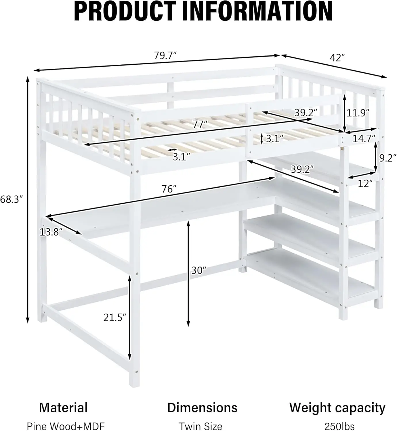 Wood Loft Bed with Desk : Twin Size Loft Bed with 4-Storage Shelves and Under-Bed Desk Solid Wood Bed, White