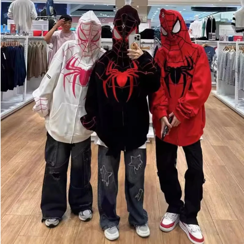 スパイダーマンプリントアメリカンスタイルオープンカーディガンフーディジッパー付きルーズアウターウェアハイストリートデザイン春秋向け