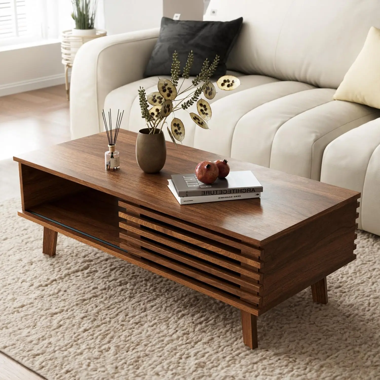 Mid Century Coffee Table With Storage & Sliding Fence Door, Modern Coffee Tables For Living Room, Walnut