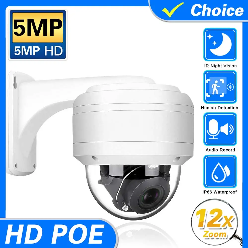 

5MP PoE Security PTZ Camera With Spotlights 12X Optical Zoom Outdoor Camera With IR Night Vision Audio Record Human Video Camera