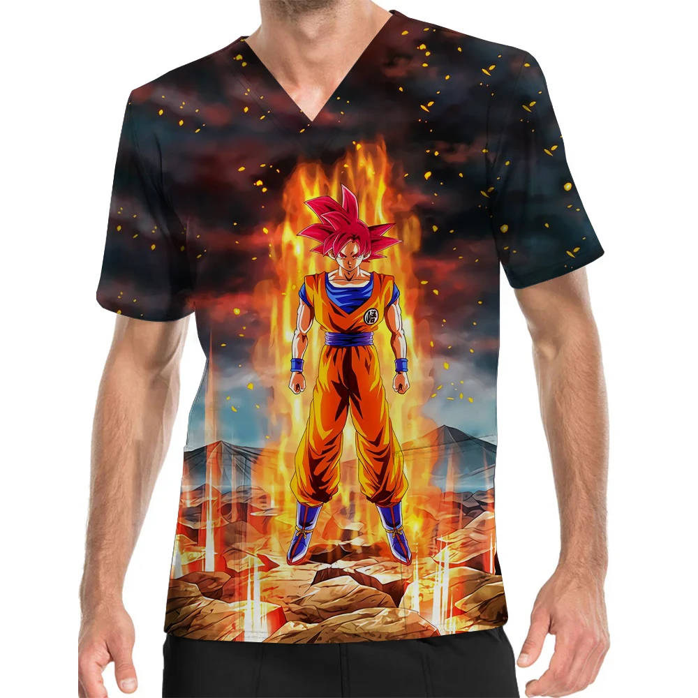 Durable Nursing Home Children's Center Nursing Clothes Men's Work Uniform V-Neck Print Scrub Top Goku Super Saiyan Top