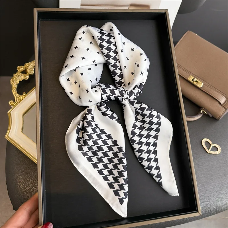 Luxuriöser Hahnentritt-Schal für Damen, eleganter bedruckter Hijab, Halstuch, Schal, einfarbig, weicher Satin-Seidenschal