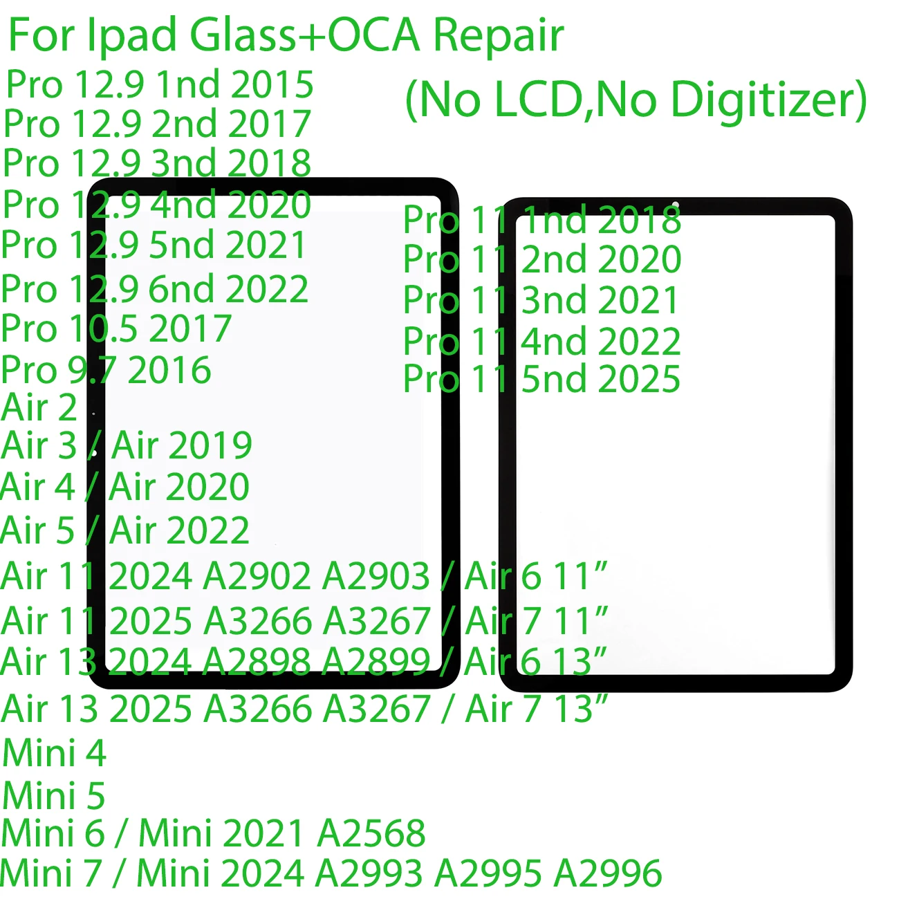 بديل لجهاز iPad Mini Air 7 6 5 4 3 2 Pro 9.7 10.5 10.9 12.9 Air 11 13 شاشة أمامية تعمل باللمس لوحة زجاجية خارجية مغلفة OCA