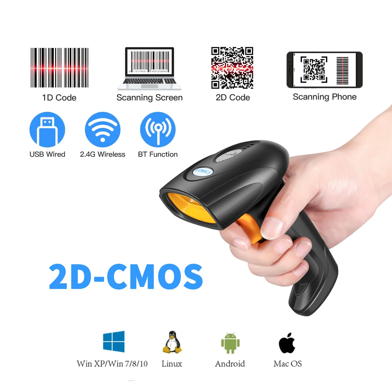 EVAWGIB Bluetooth 4.0 Handheld Barcode Scanner B208 1D/2D QR Code Wirelress Bar Code Reader PDF417 for IOS Android IPAD