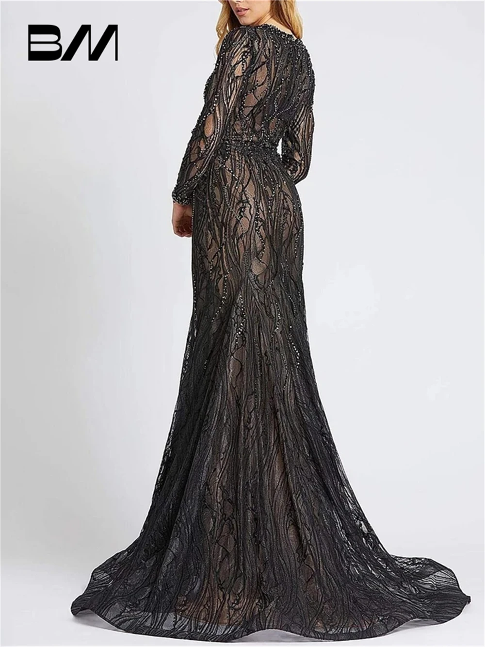 Hand-sewn Beaded Black Prom Dress Sexy Long Sleeves Illusion Mermaid Evening Dresses Wedding Party Gown Custom Made