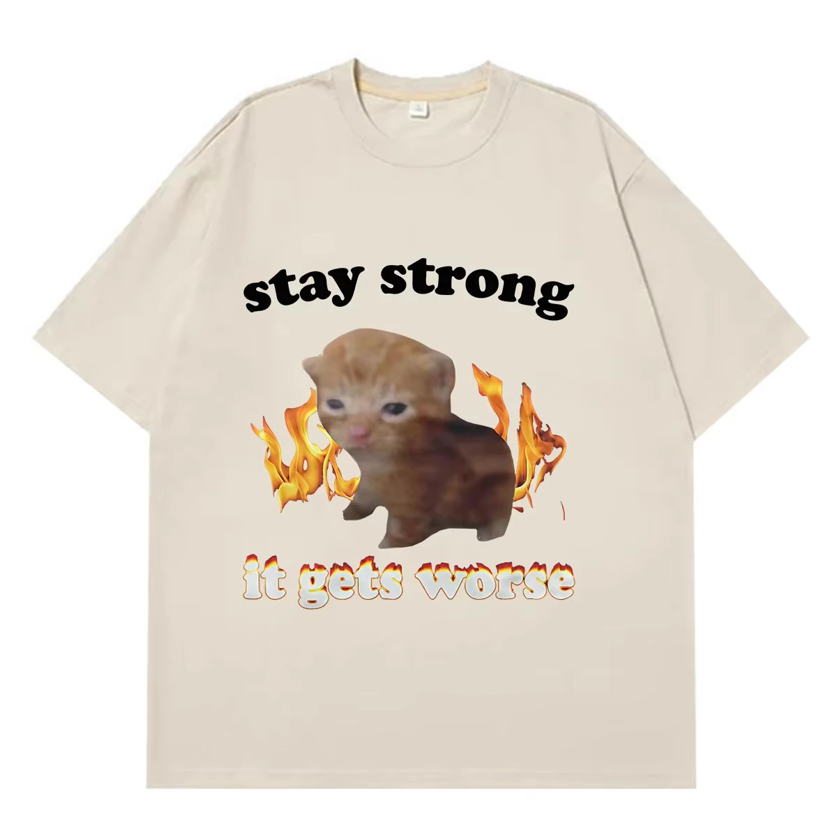 Stay Strong It Gets Worse Funny Cat Meme T-shirt Men Women Hip Hop Vintage T Shirt Summer Short Sleeve Graphic Cotton Casual Top