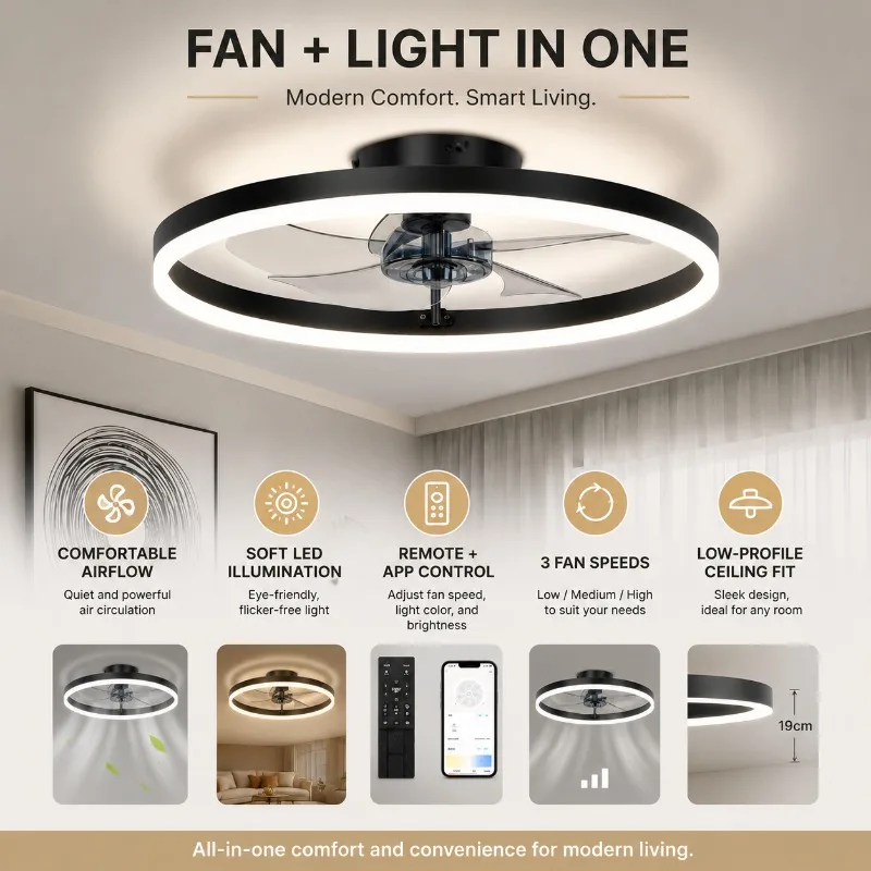 

Ceiling Fan Light Modern LED Chandelier Invisible Blade Remote APP Control Quiet Motor Bedroom Living Room Home Lighting Fixture