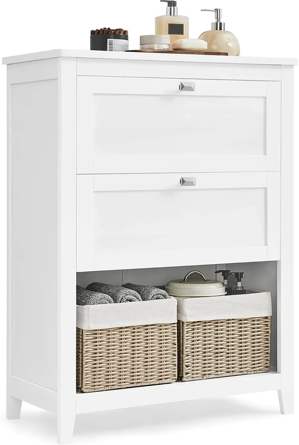 Mueble de baño, mueble de almacenamiento y organizadores de baño, 2 cajones con 1 juego de divisor ajustable, 2 cestas, aparador, 11.