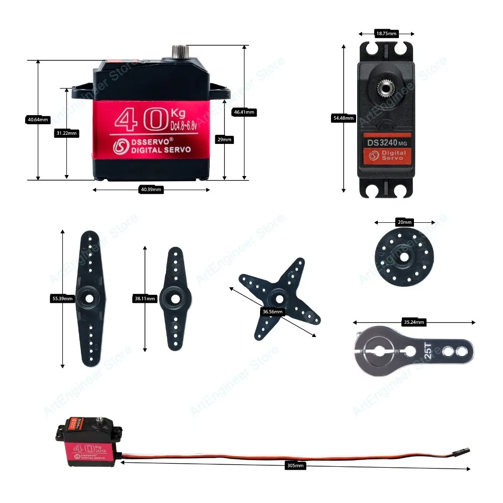 DS3240 40 kg digitales Servo mit hohem Drehmoment, Vollmetallgetriebe, wasserdicht, IP66, 25 Zähne, Servoarm für 1/8 1/10 RC-Car, 180/270 Grad optional