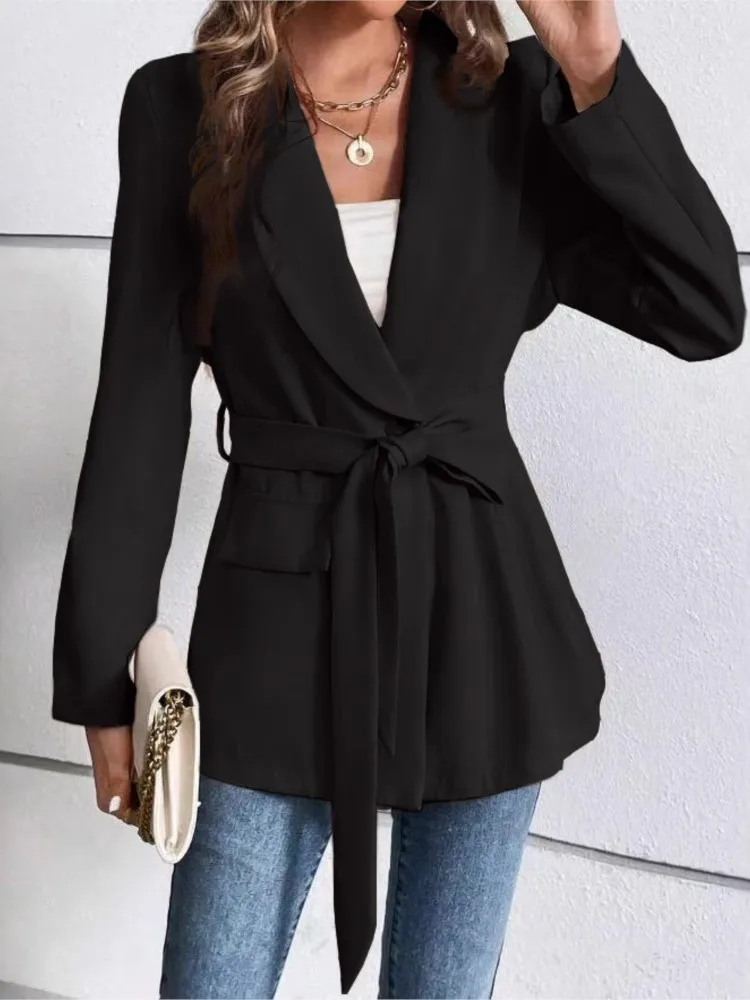 

Элегантный однотонный костюм, пальто для женщин, модное пальто с длинным рукавом и v-образным вырезом на пуговицах, на шнуровке, топы, женская офисная праздничная женская одежда, новинка