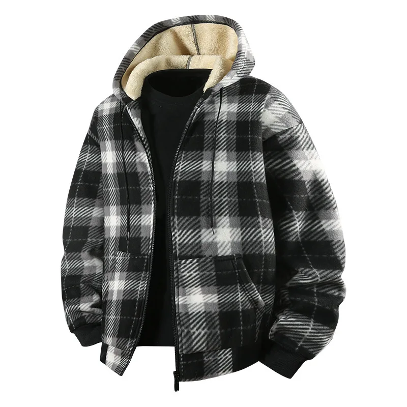 

Autumn Winter Man Plush Coat New Fashion Plaid Long Sleeve Zipper Male Jacket Thicken Warm Versatile Young Men Hooded Outerwear