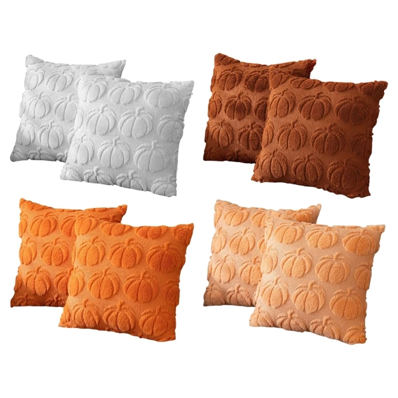 Plush Fall Pillow Case Pack of 2, Autumn Cushions Cover Pumpkin Autumn Decors for Sofa and Chair Cushions M68E