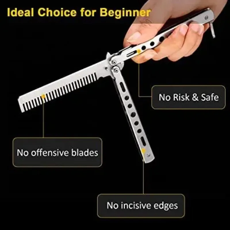 Foldable Comb Stainless Steel Practice Training Butterfly Knife Comb Beard Moustache Brushe Salon Hairdressing Styling Tool