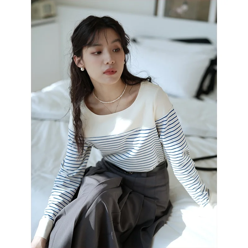 

MIXABO Women's Long Sve Striped T-irt Vintage Low round Ne Base Layer Splice Design Classic Commute Sle Cotton Blend