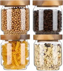 Glass Storage Containers Set of 4,15 OZ High Borosilicate Glass Jars Kitchen Food Canisters with Wood Lids for Coffee Beans/Nuts