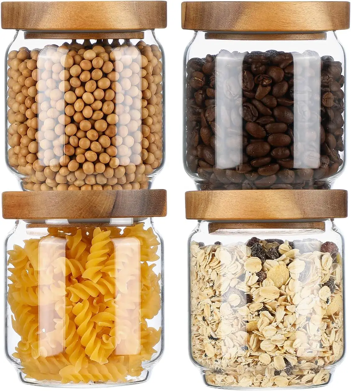 Glass Storage Containers Set of 4,15 OZ High Borosilicate Glass Jars Kitchen Food Canisters with Wood Lids for Coffee Beans/Nuts